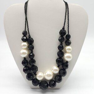Black White Chunky Beaded Necklace With Faux Pearls Adjustable Chain